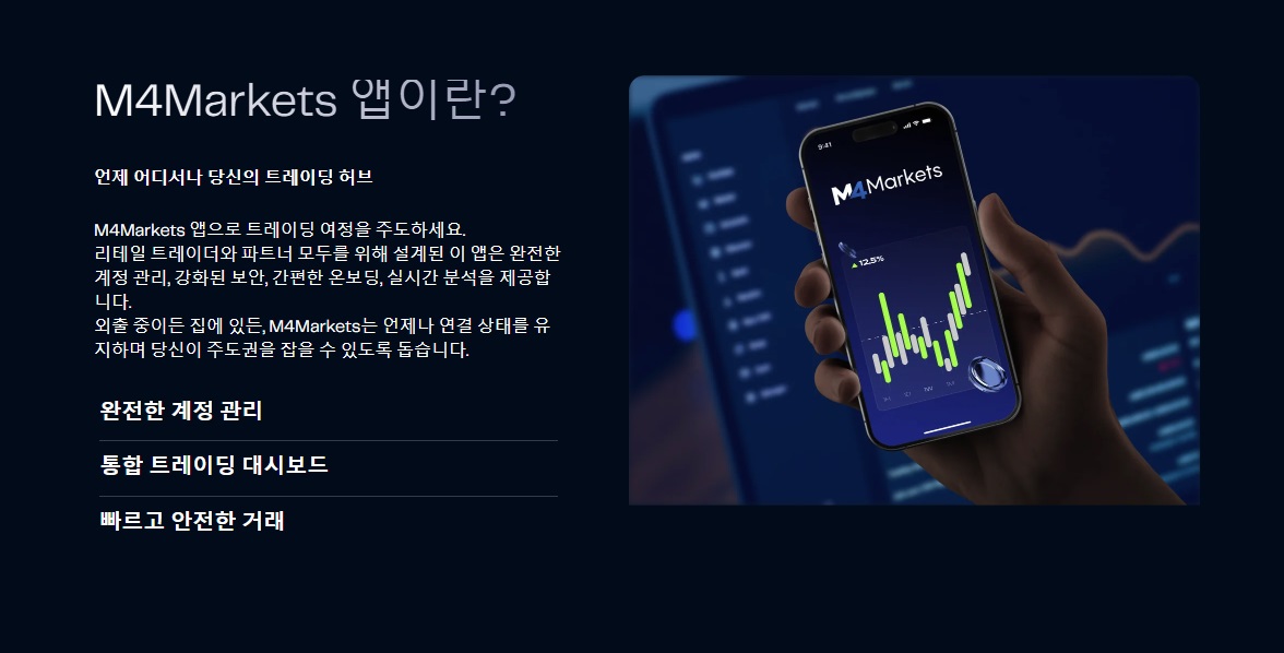 계정 관리, 안전한 거래 및 거래 대시보드를 갖춘 M4Markets 모바일 앱.