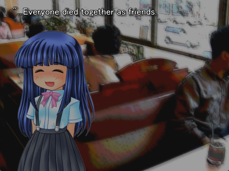 still image from the original higurashi visual novel. Rika is on the screen smiling and saying “everyone died together as friends”