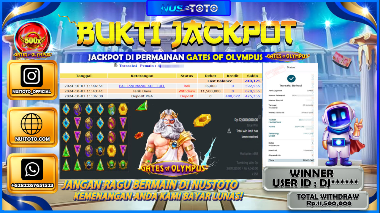 JACKPOT !! MENANG BESAR DI GATES OF OLYMPUS  Rp. 11,500,000 LANGSUNG DI BAYAR LUNAS NUSTOTO !!