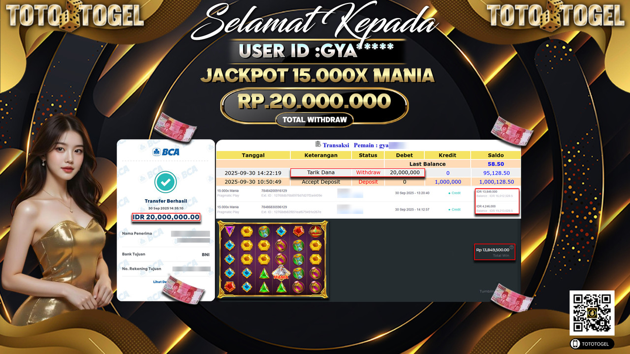 Bukti Pembayaran Jackpot Permainan Slot 15.000X Mania  1000 ID:GYA*** LUNAS