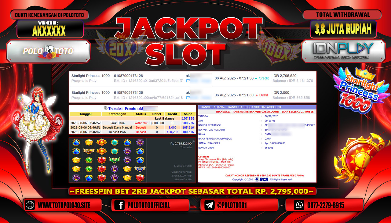 POLOTOTO JACKPOT SLOT STARLIGHT PRINCESS 1000 Rp.3.800.000,-LUNAS