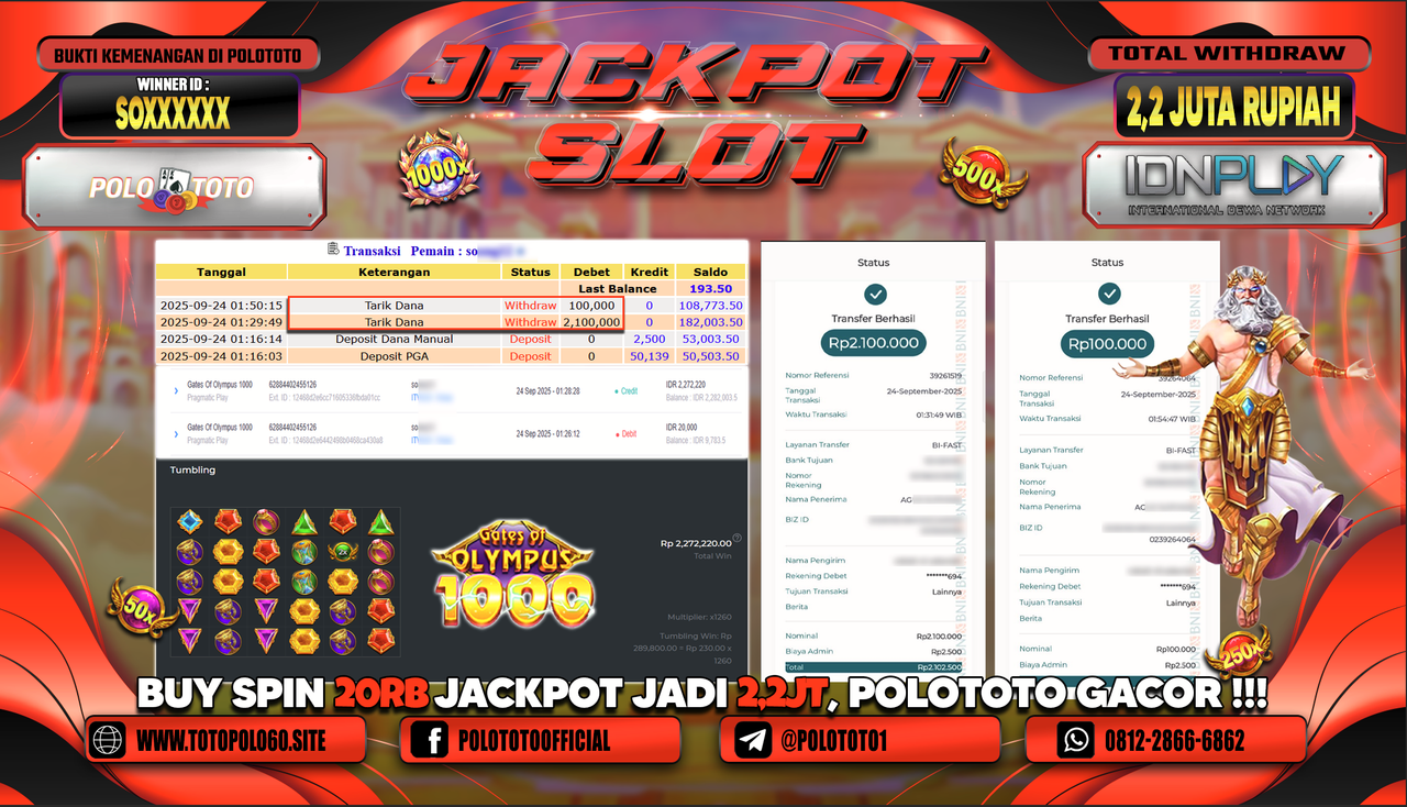 POLOTOTO JACKPOT SLOT GATES OF OLYMPUS 1000 Rp.2.200.000,- LUNAS