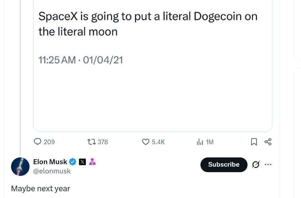 Dernière réponse d'Elon Musk concernant X, mentionnant à nouveau le Dogecoin. Source : X.com