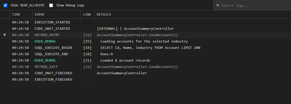 Log Details showing sample execution events, an expanded method block, and debug messages