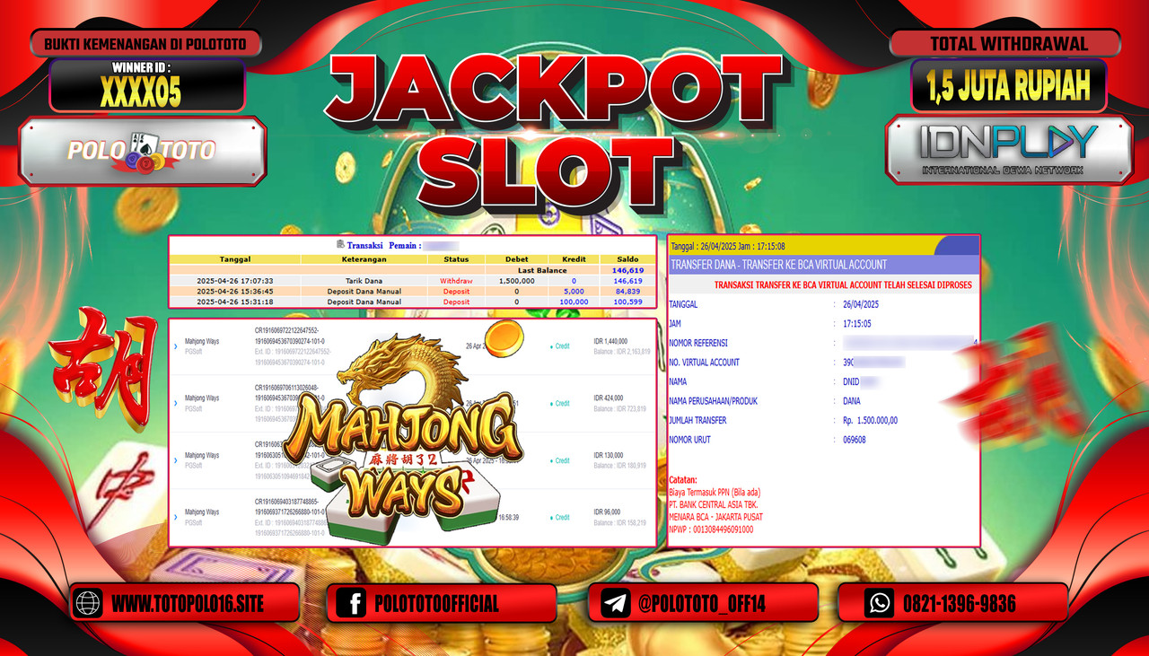 POLOTOTO JACKPOT SLOT MAHJONG WAYS Rp.1.500.000,-