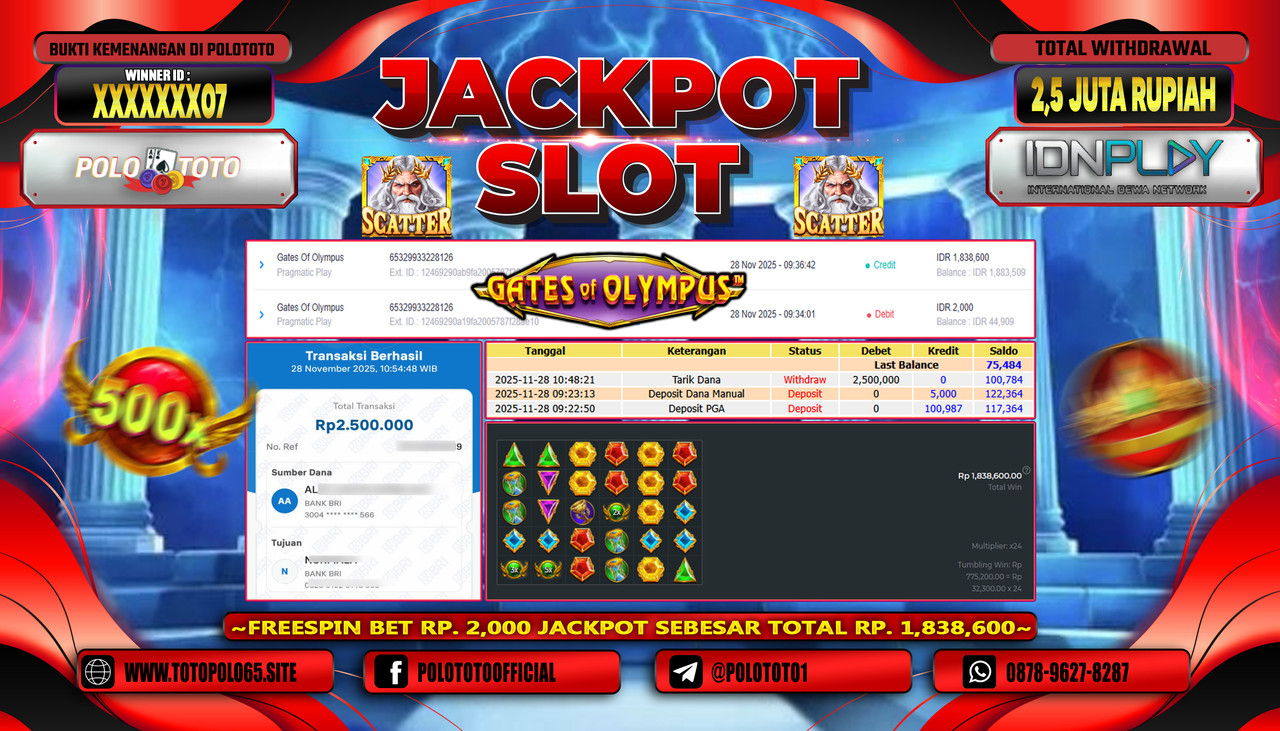 POLOTOTO JACKPOT SLOT GATES OF OLYMPUS Rp.2.500.000,- LUNAS