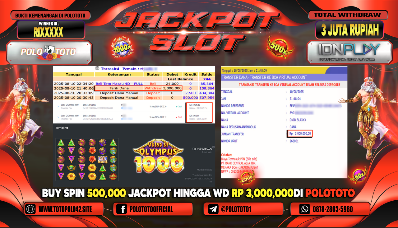 POLOTOTO JACKPOT SLOT GATES OF OLYMPUS 1000 Rp.3.000.000,-LUNAS