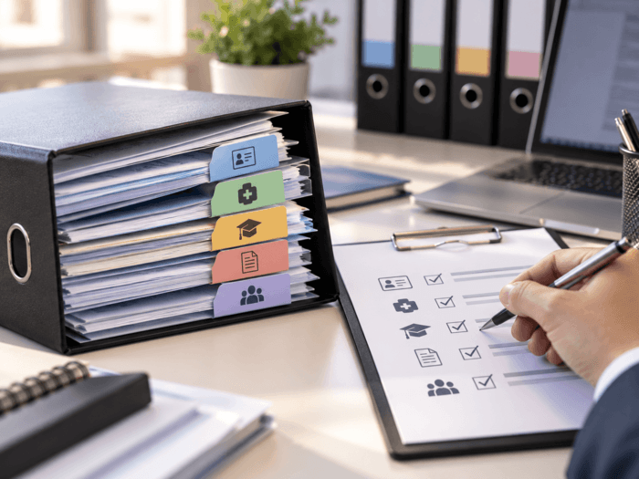 Candidate documentation checklist showing identity, medical, training, and employment records being verified before approval.