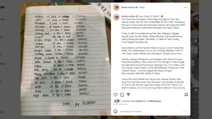 Tagihan Farida Nurhan usai revie gratis di Banyumas.