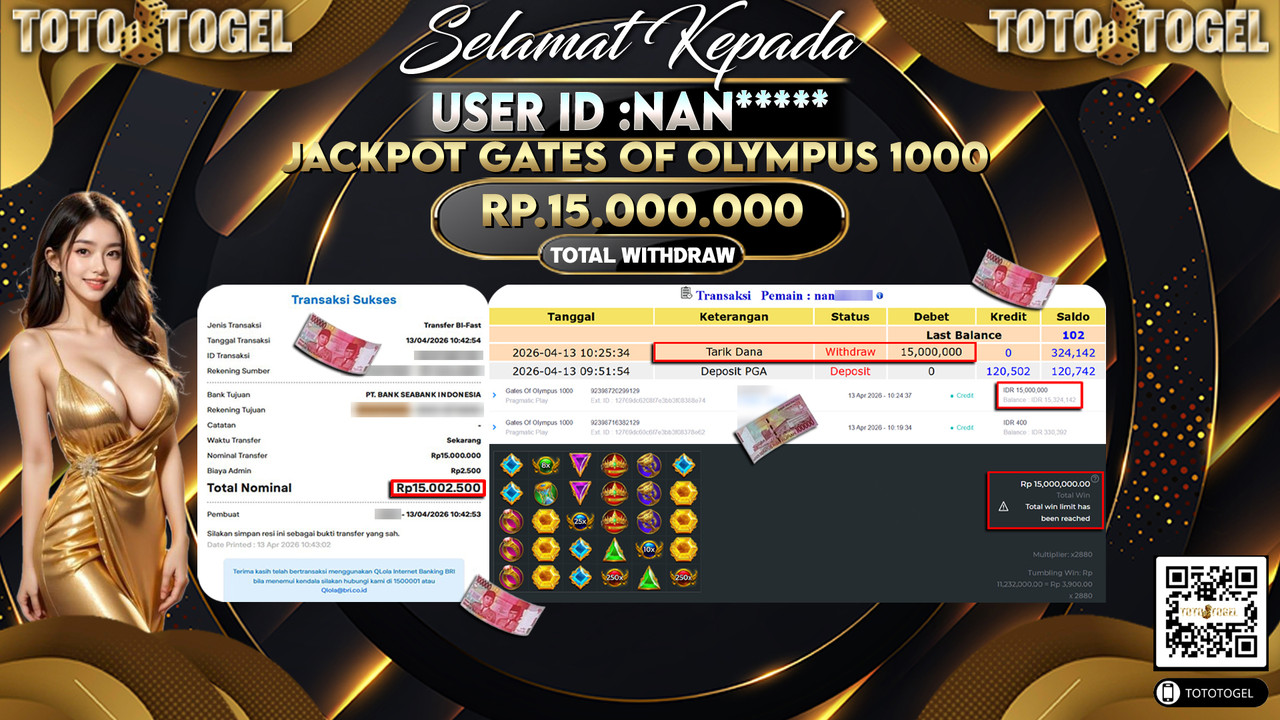 Bukti Pembayaran Jackpot Permainan Slot Gates Of Olympus 1000 ID:NAN*****LUNAS