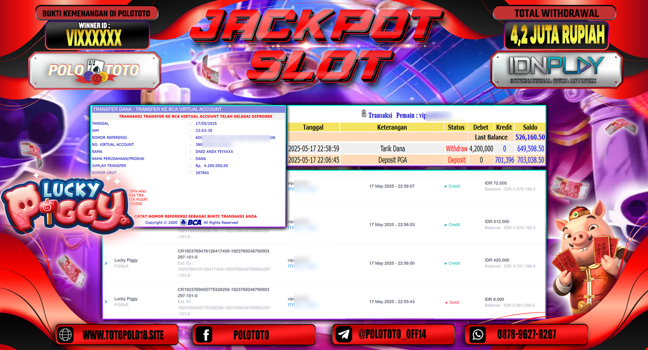 POLOTOTO JACKPOT SLOT LUCKY PIGGY Rp.4.200.000,-