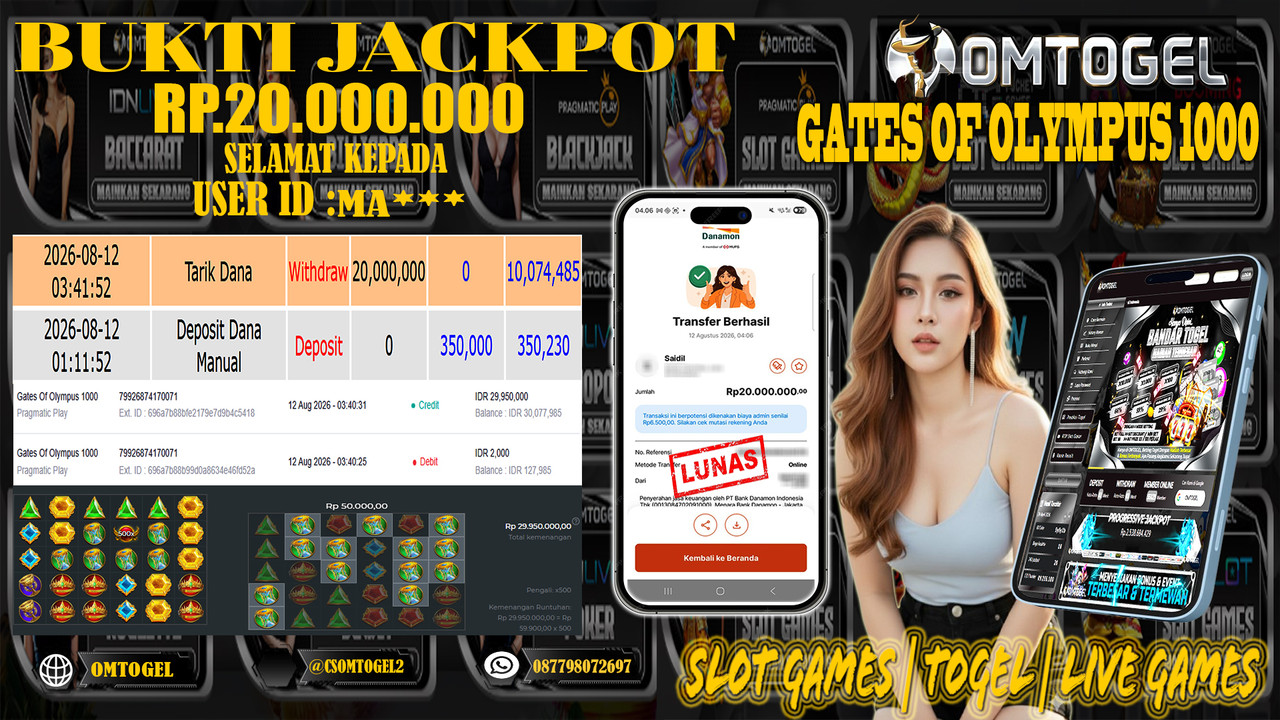 OMTOGEL JACKPOT PRAGMATICPLAY GATES OF OLYMPUS 1000 Rp,20,000,000,- DIBAYAR LUNAS
