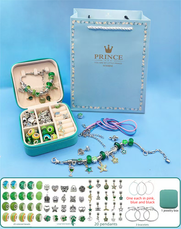 66-Piece Green Gift Bag Craft Set (Includes Beads, Charms, and Storage Case) -Unicorn DIY Bracelet Kit – Creative Jewelry Making Gift for Girls Ages 3+