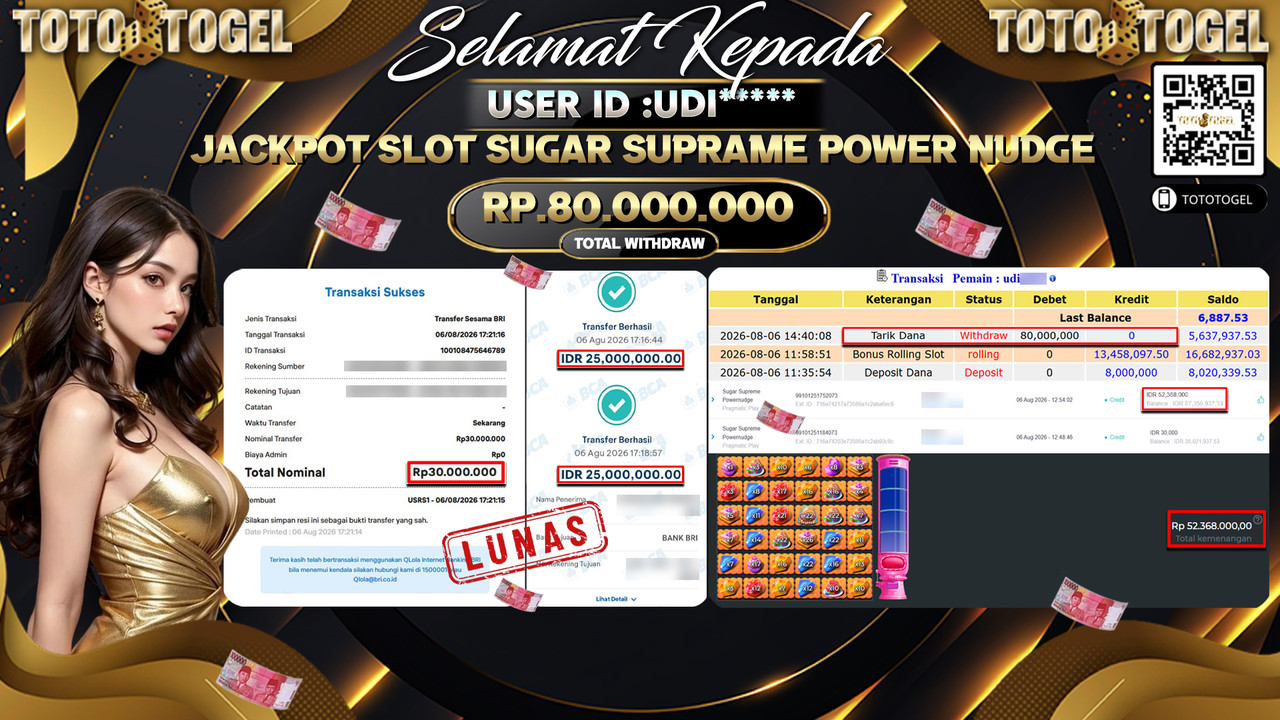 Bukti Pembayaran Jackpot SLOT SUGAR SUPRAME POWER NUDGE ID:UDI**** LUNAS