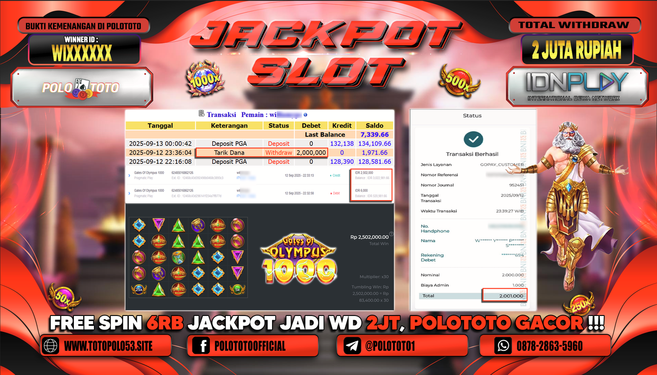 POLOTOTO JACKPOT SLOT GATES OF OLYMPUS 1000 Rp.2.000.000,-