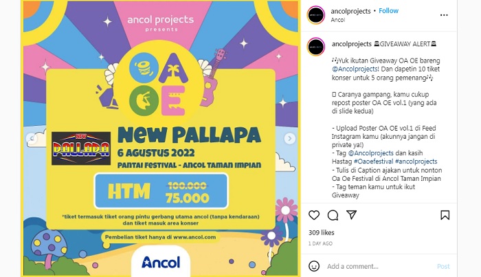 Ancol mengadakan giveaway dengan hadiah 10 tiket konser OA OE Festival untuk 5 orang pemenang yang beruntung.