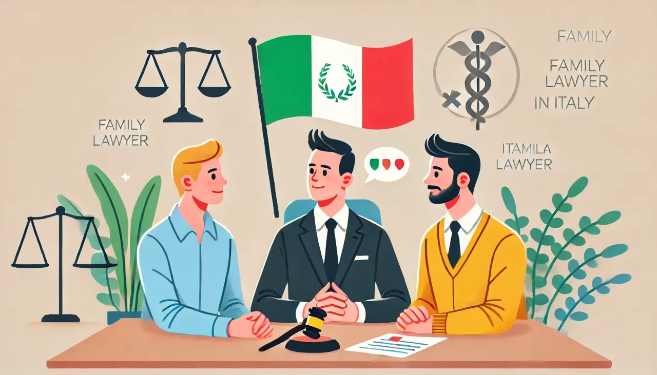 A family lawyer discussing surrogacy options with a concerned LGBT couple in Italy