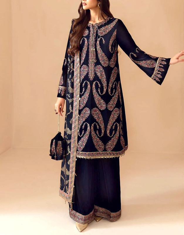 Luxury Heavy Embroidered Velvet Suit 2026 | Chiffon Dupatta & Plain Satin Silk Trouser