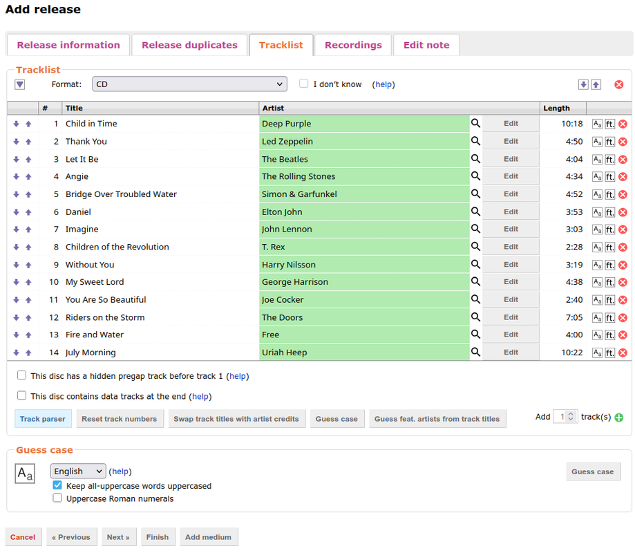 Tracklista szerkesztés - screenshot