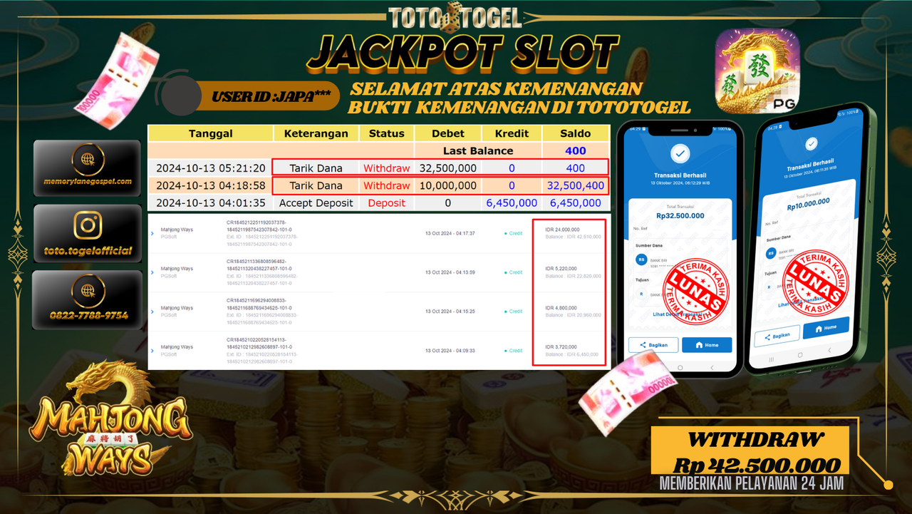 Bukti Kemenangan Permainan Slot Mahjong Wayz ID : JAPA*** Terbayar Lunas!!