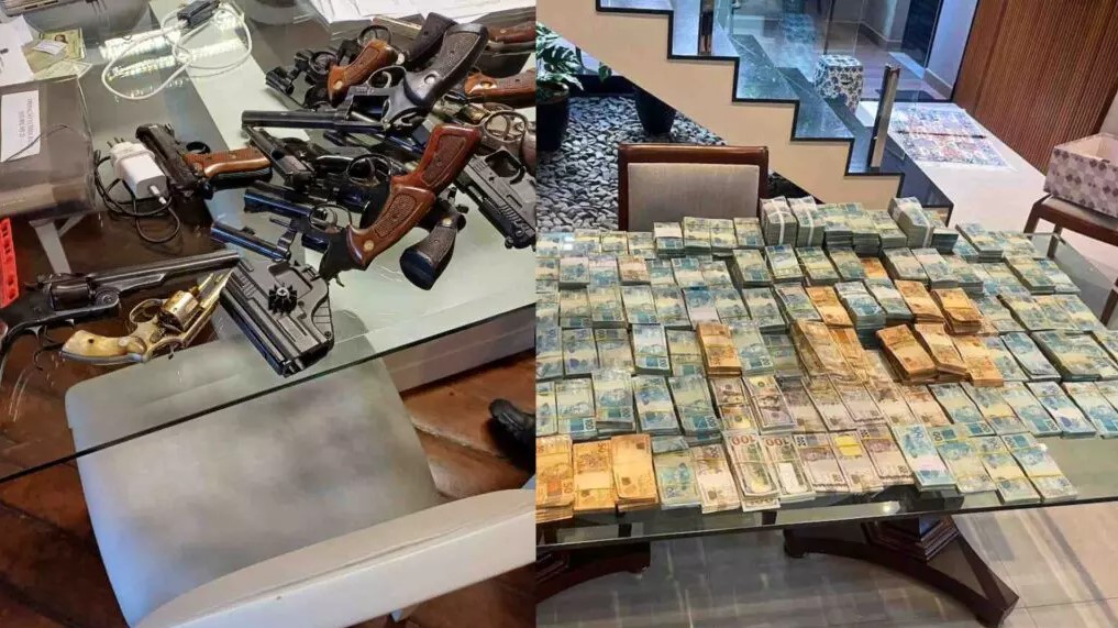 Armas e dinheiro apreendidos durante a operação (Divulgação, Receita Federal)
