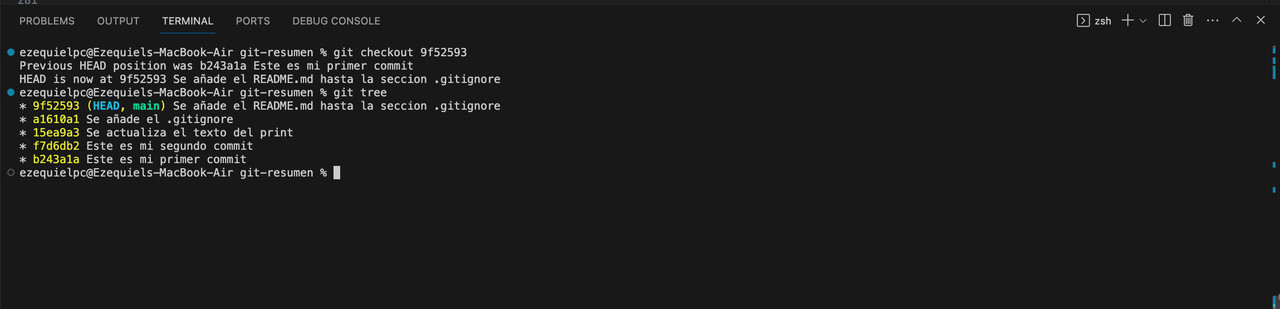 Ejecucion git tree luego git checkout 9f52593 Desplazamiento