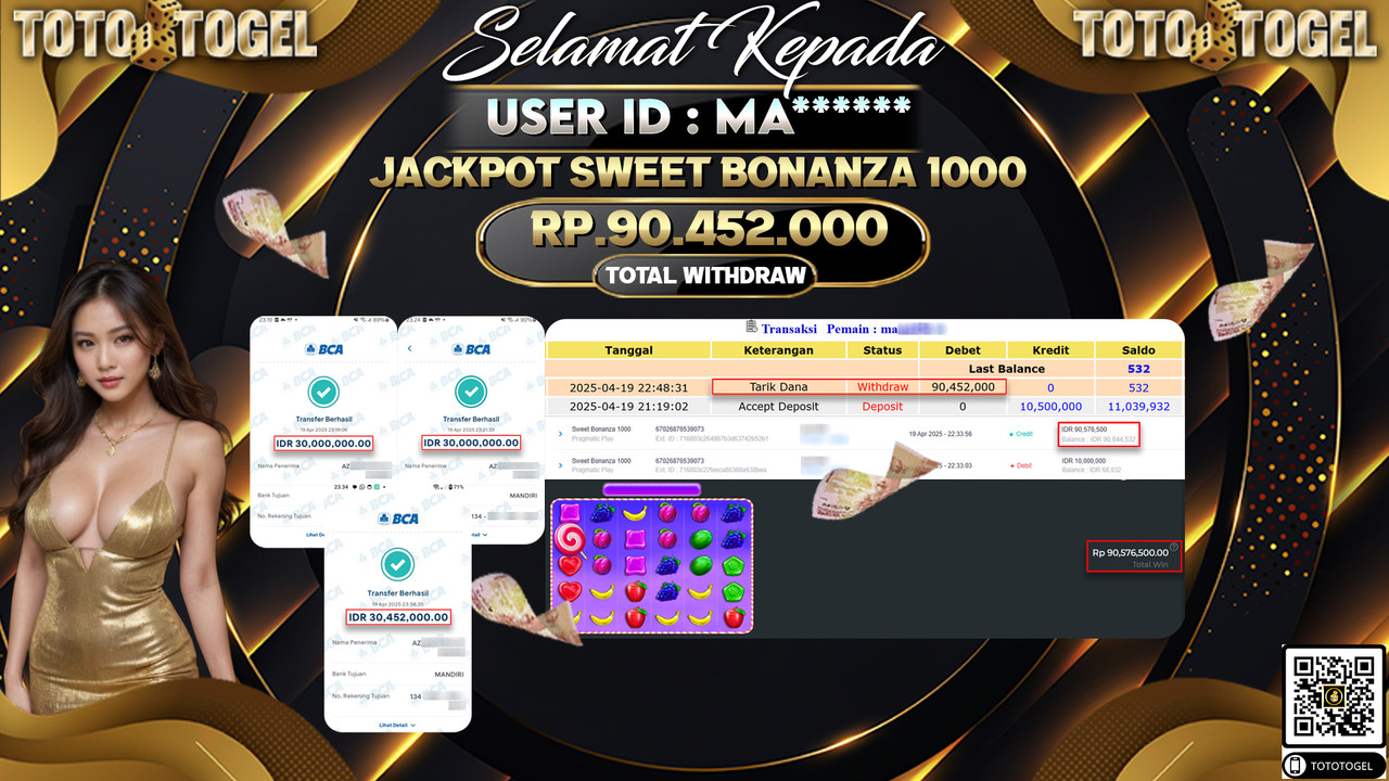 Bukti Pembayaran Jackpot  Permainan Slot Sweet Bonanza 1000 ID:MA****** LUNAS