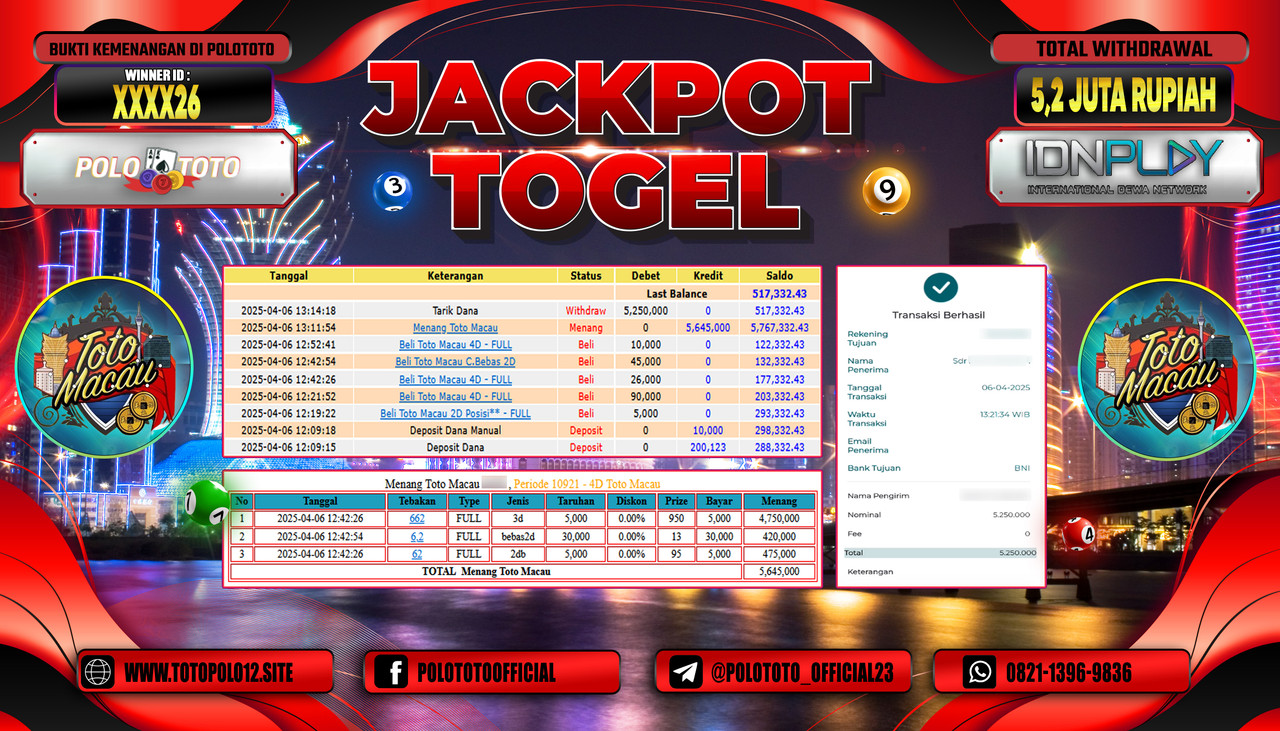 POLOTOTO JACKPOT TOGEL TOTO MACAU 4D Rp.5.250.000,-