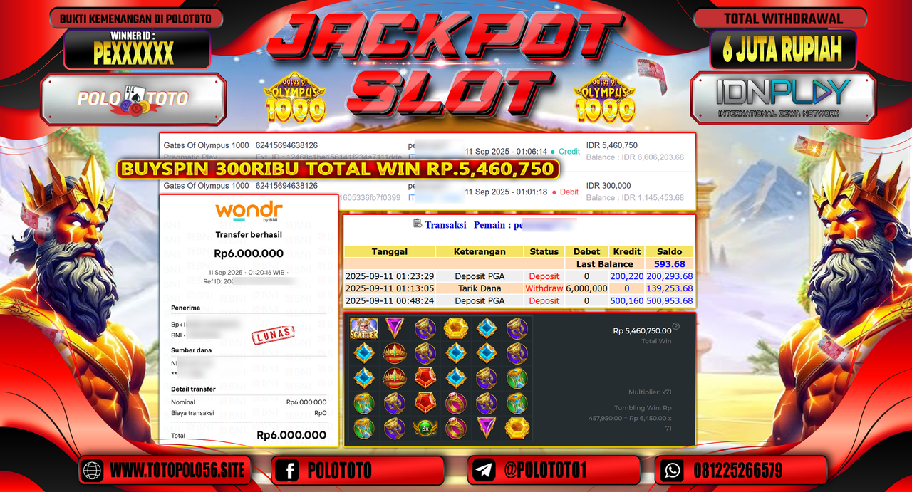 POLOTOTO JACKPOT SLOT GATES OF OLYMPUS 1000 Rp.6.000.000,-