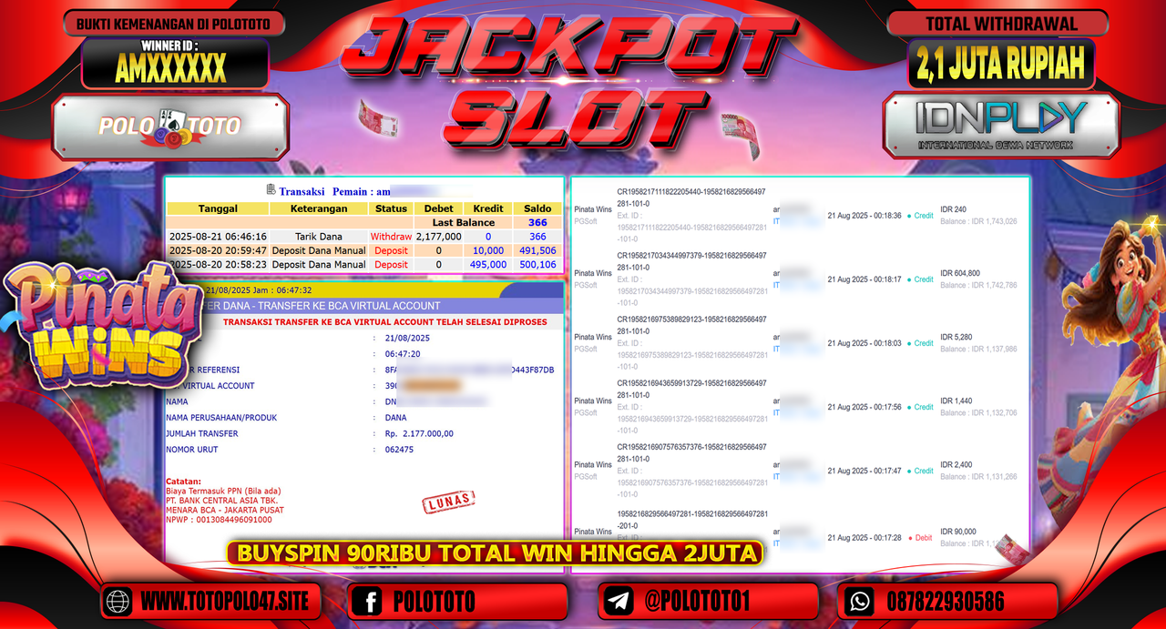 POLOTOTO JACKPOT SLOT PINATA WINS Rp.2.177.000,-
