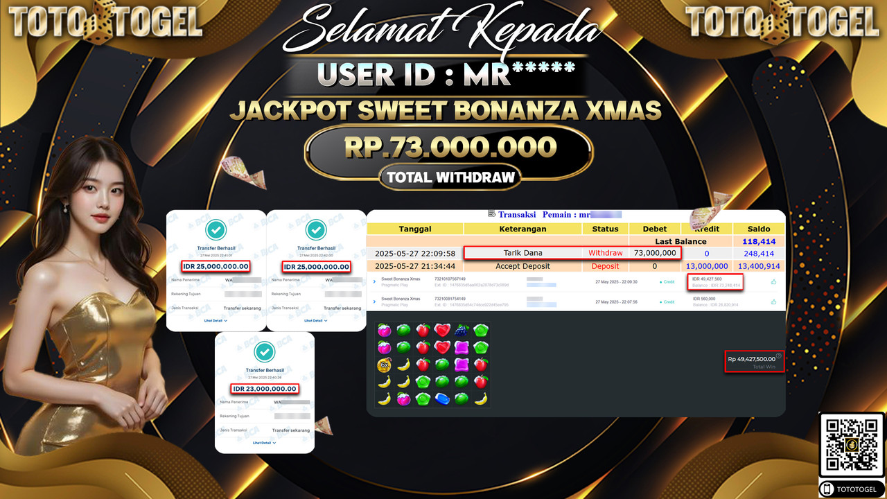 Bukti Pembayaran Jackpot Permainan Slot Sweet Bonanza Xmas ID:MR***** LUNAS