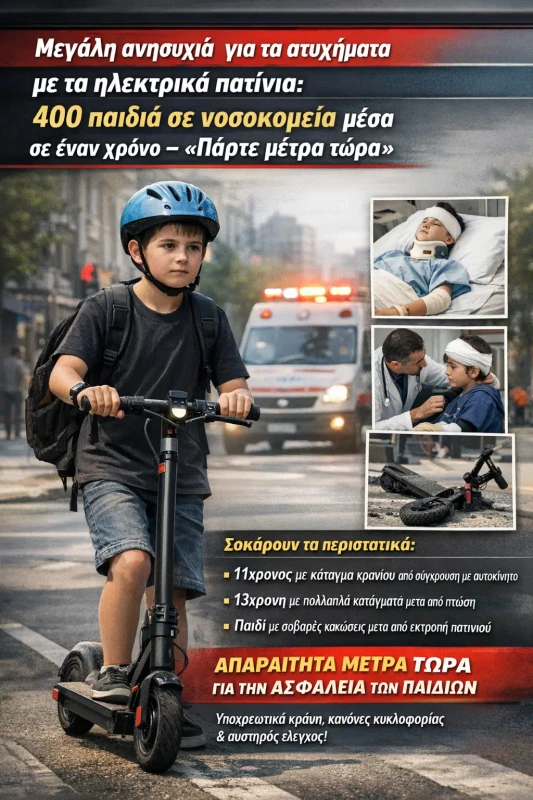 [Εικόνα: Παιδί με ηλεκτρικό πατίνι και περιστατικά τραυματισμών]