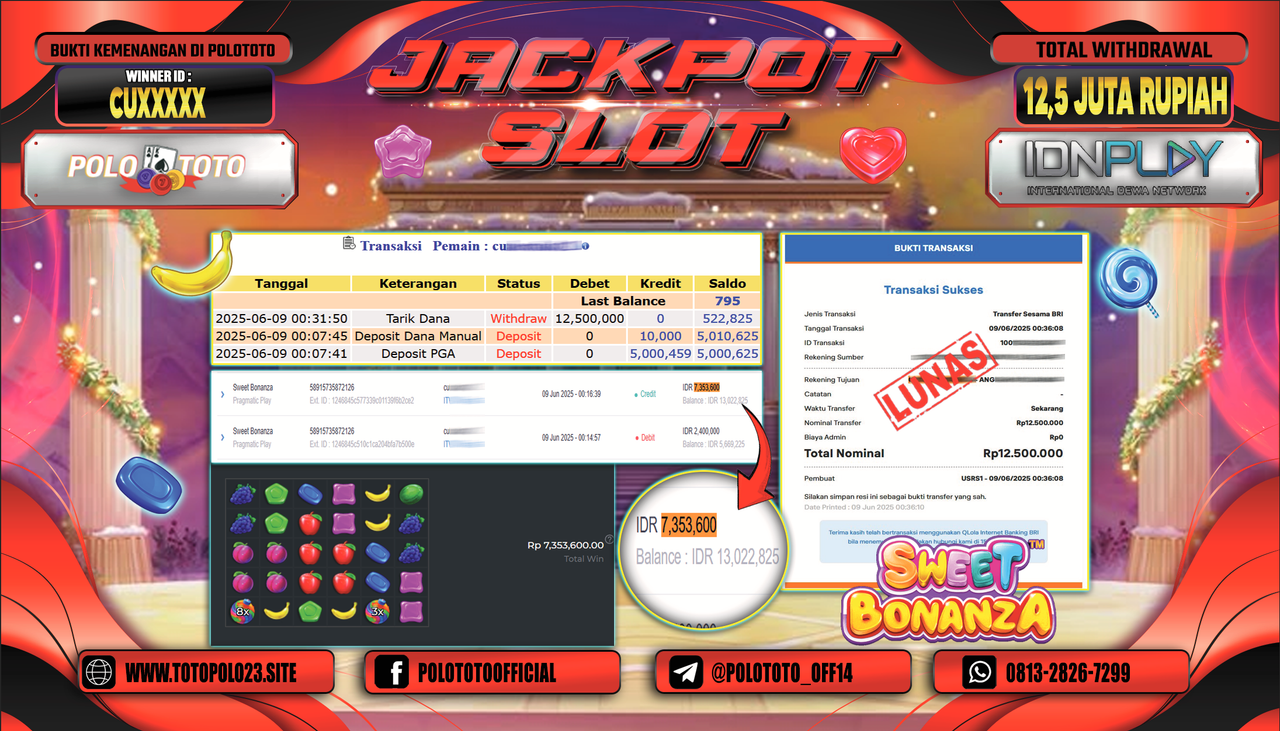 POLOTOTO JACKPOT SLOT SWEET BONANZA Rp.12.500.000,-