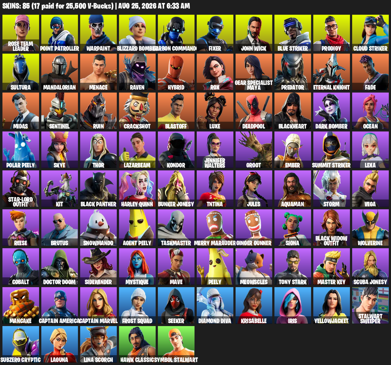 85 Skins OG STW Gold Midas Sultura Fixer Prodigy Point Patroller Blue Striker Lina S