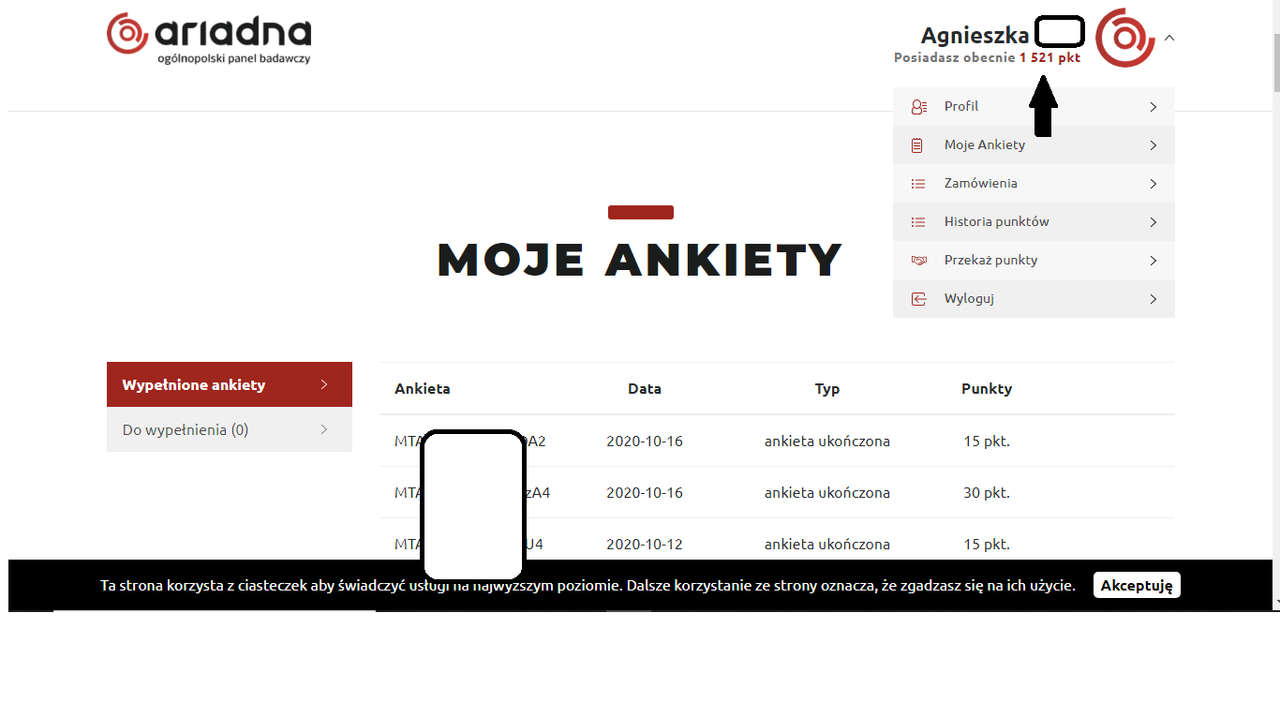 panel ariadna ilość punktów
