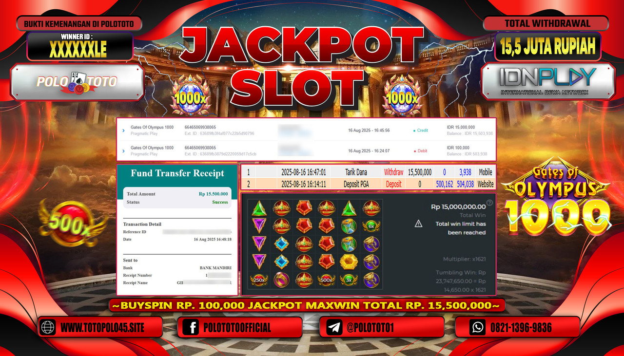 POLOTOTO JACKPOT SLOT GATES OF OLYMPUS 1000 Rp.15.500.000,- LUNAS