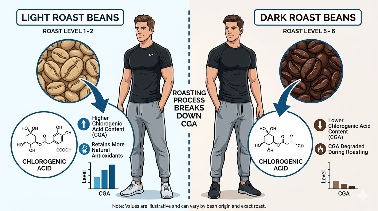 Comparison of light roast and dark roast coffee beans with labels showing chlorogenic acid content differences for fat loss during cutting
