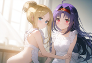2girl, {{yuuki, sao}}, purple hair, red eyes, nude apron, {{abigail williams, fa s-3107321987