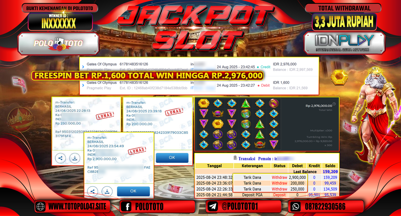 POLOTOTO JACKPOT SLOT GATES OF OLYMPUS Rp.3.350.000,-