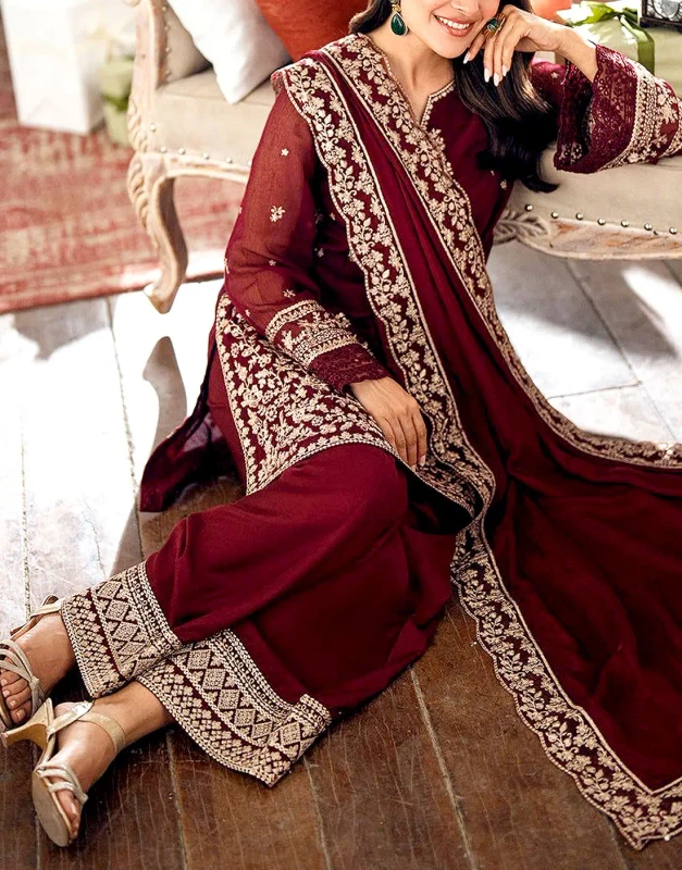 Heavy Maroon Chiffon Wedding Dress – Fully Embroidered, Silk Patches