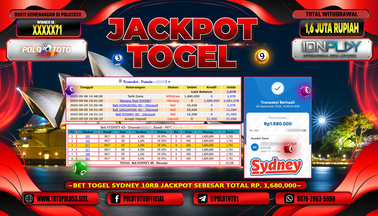 POLOTOTO JACKPOT TOGEL POOL SYDNEY Rp.1.600.000,- LUNAS