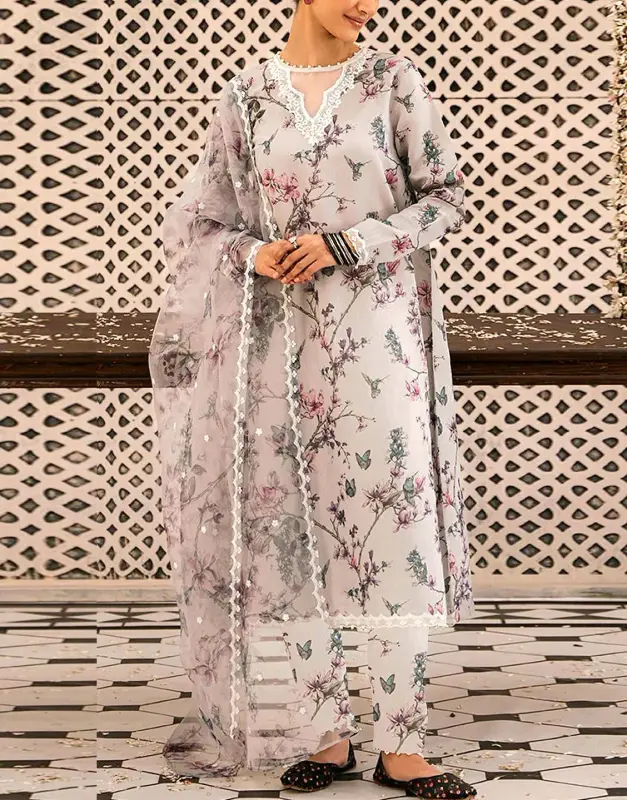 Elegant Embroidered Lawn Suit 3-Pc (90/70) | Digital Print Organza Dupatta