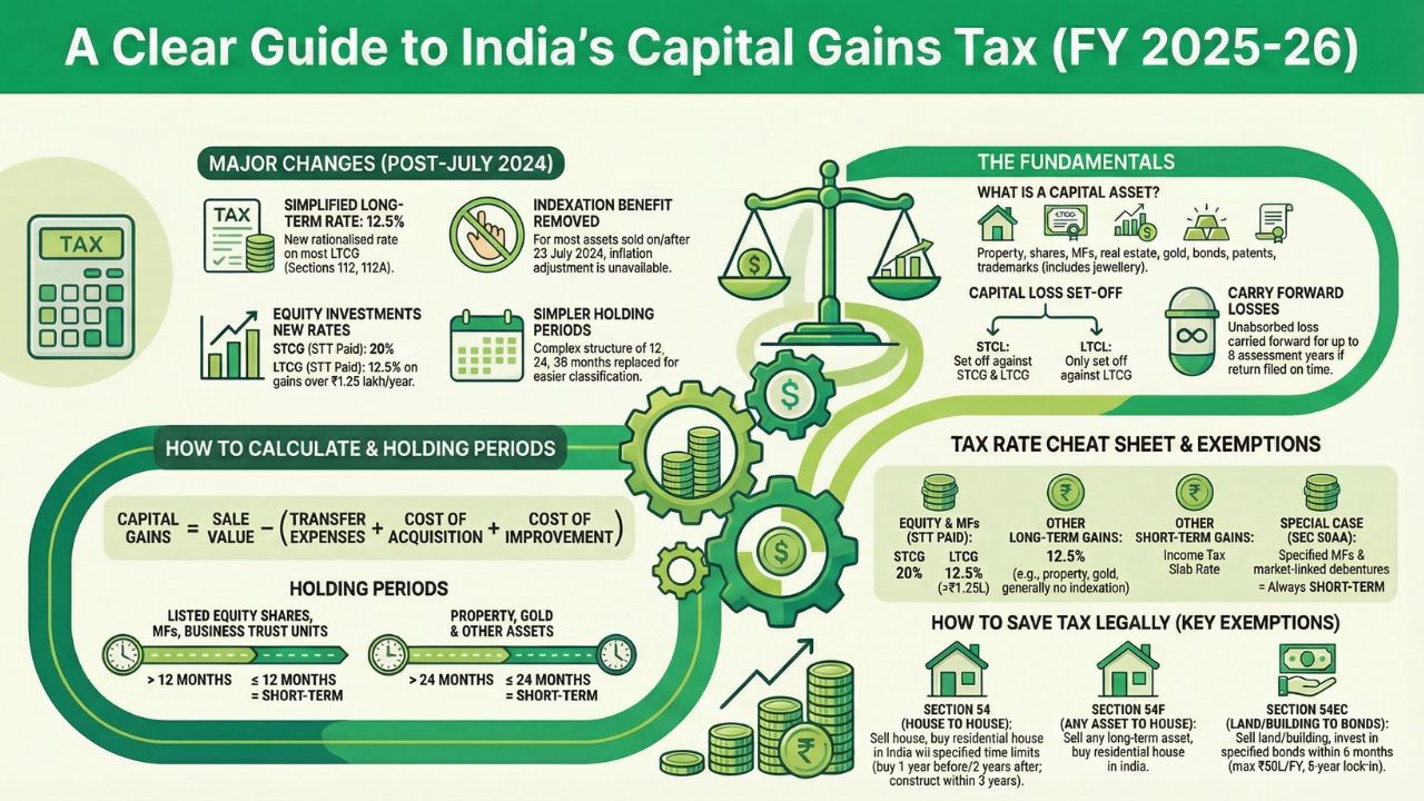 Capital Gains Tax in India Types & Exemptions infographic