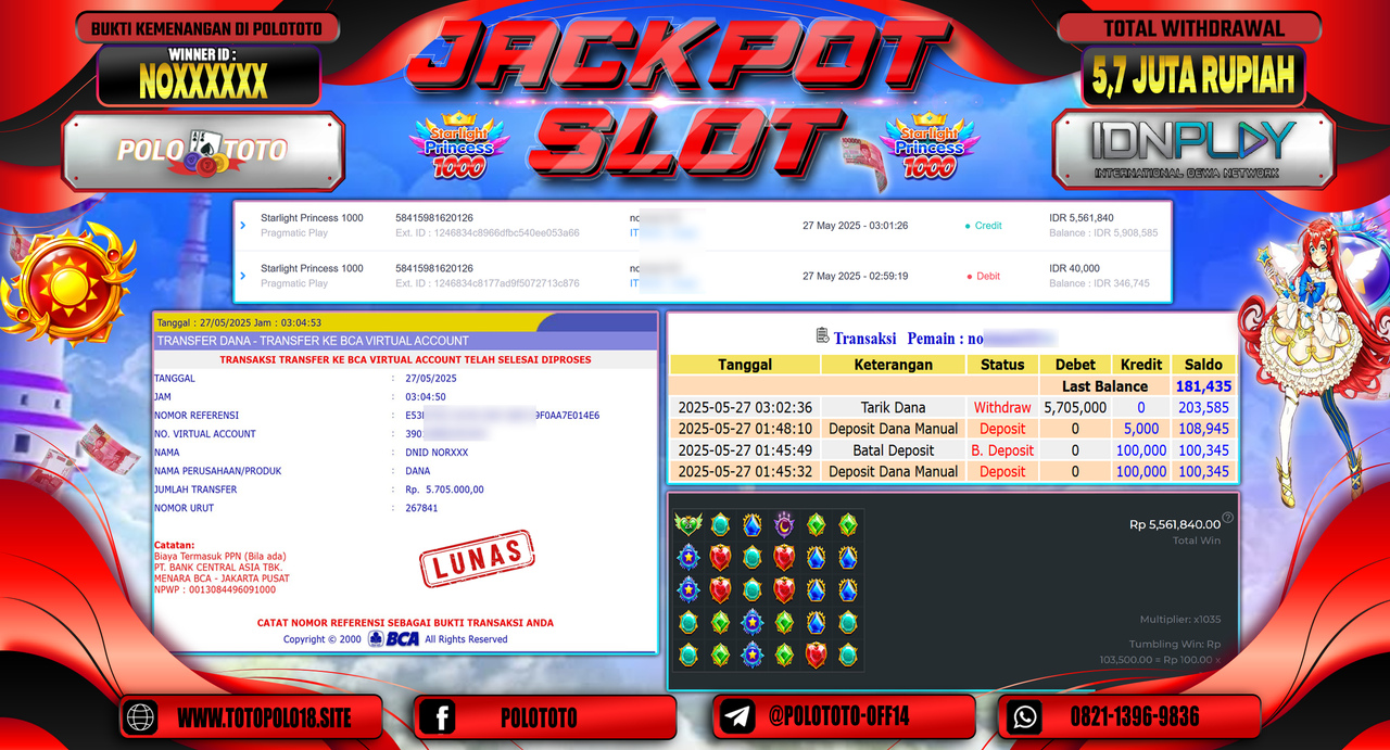 POLOTOTO JACKPOT SLOT STARLIGHT PRINCESS 1000 Rp.5.705.000,-