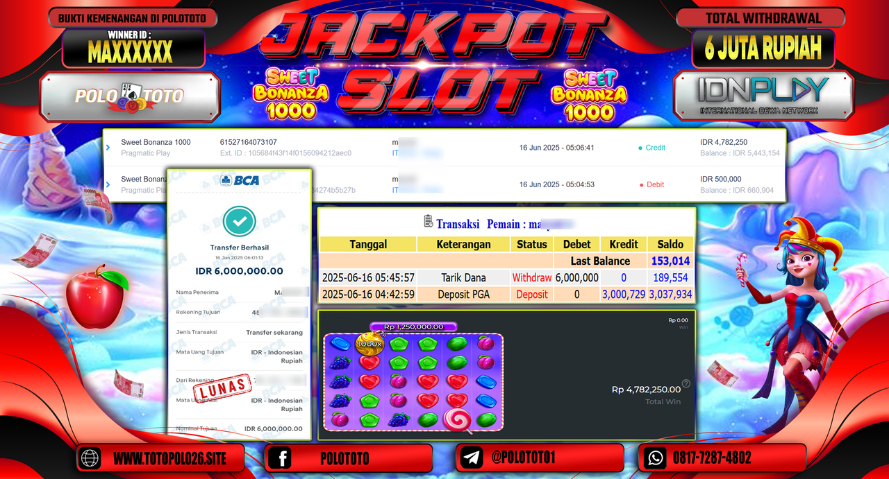 POLOTOTO JACKPOT SLOT SWEET BONANZA 1000 Rp.6.000.000,-