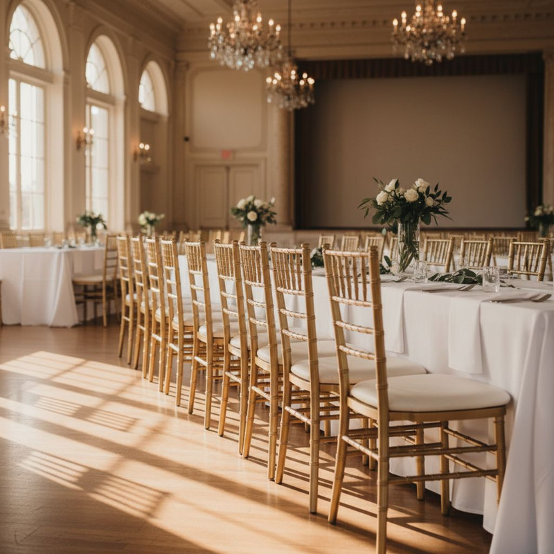 Подготовка банкетного зала к приему гостей: процесс расстановки арендованных стульев и столов перед началом мероприятия.
