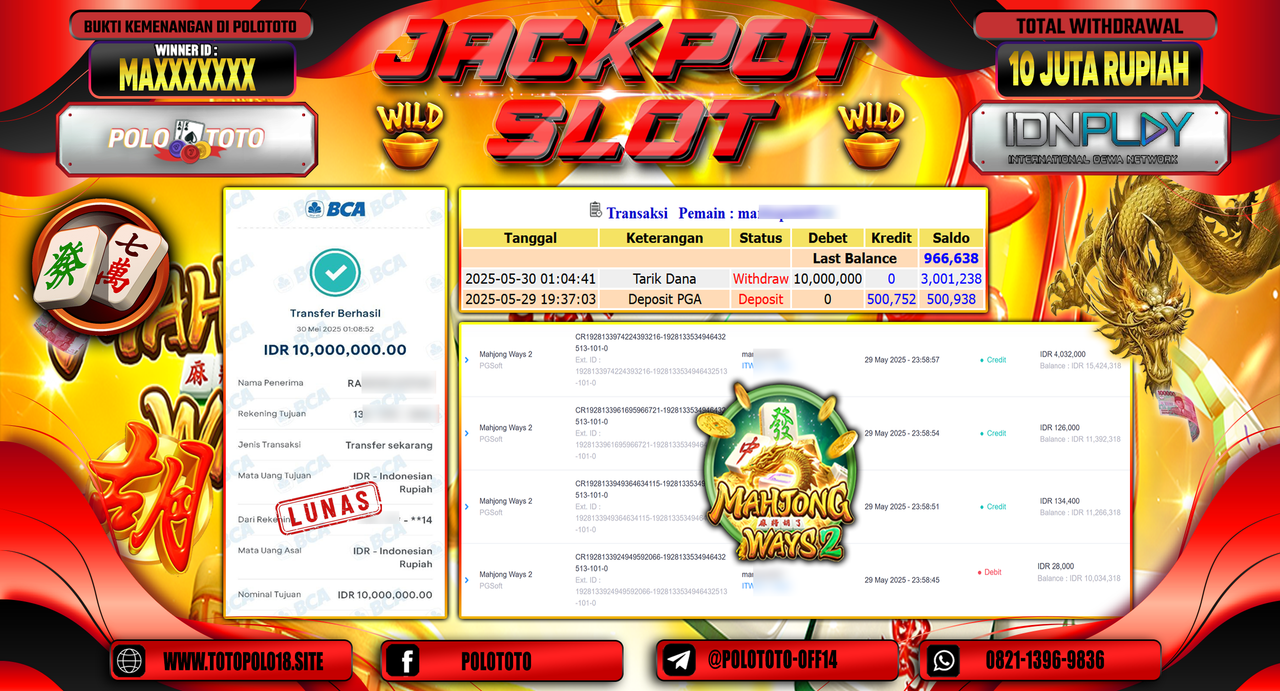 POLOTOTO JACKPOT SLOT MAHJONG WAYS 2 Rp.10.000.000,-