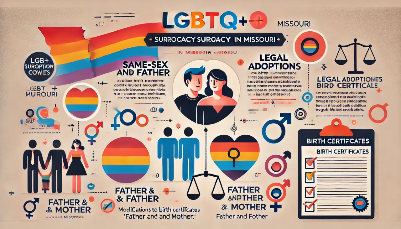 Infographic showing surrogacy rights for LGBTQ+ couples in Missouri, including legal parentage, birth certificate modifications, and adoption procedures.