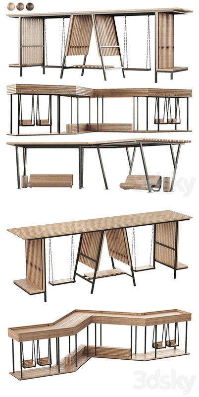 Set of pergolas (gazebos, canopies) with swings, benches 3