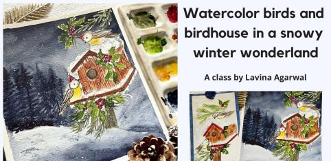 Watercolor Birds and Birdhouse in a Snowy Christmas Winter Wonderland
